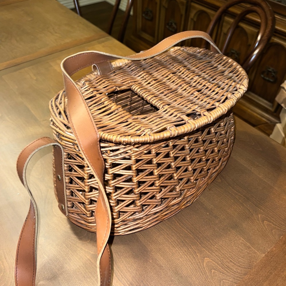 Woven Basket Bag with Brown Leather Strap- fishing creek